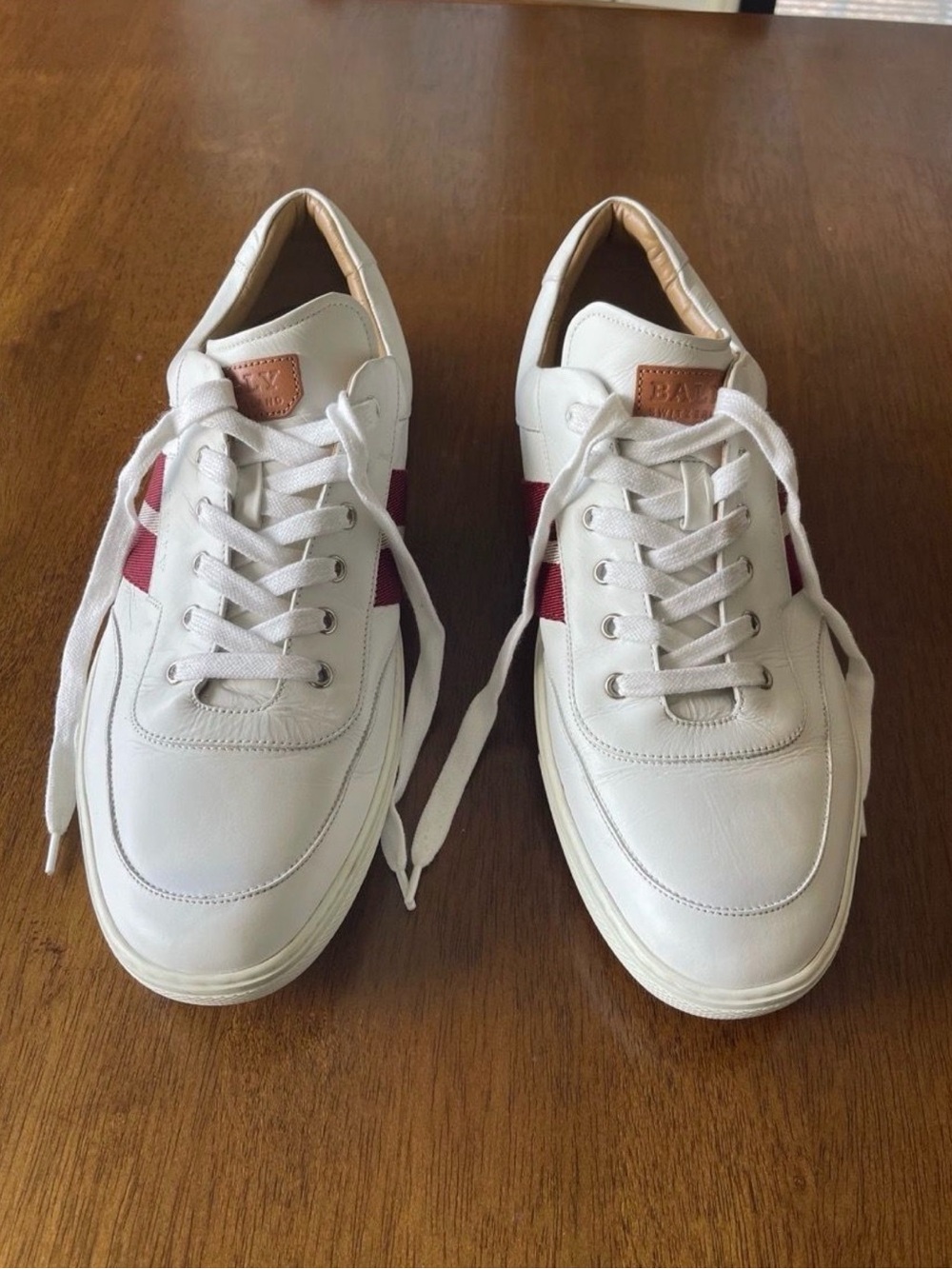 Bally White Leather Sneakers with Burgundy Side Stripe